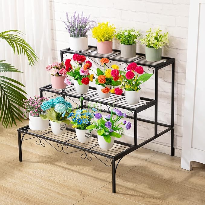 DOEWORKS 3 Tier Stair Style Metal Plant Stand, Garden Shelf for Large Flower Pot Display Rack Indoor Outdoor, Black