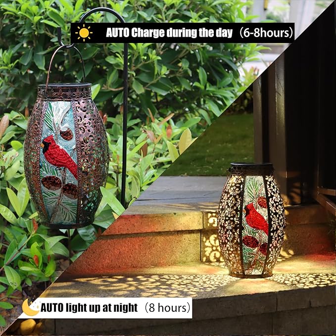 Outdoor Solar Lantern-Waterproof Cardinal Hanging Metal Decorative Lights for Patio Table Garden Pathway Yard with Super Bright Warm White LED, Large Solar Panels, Auto On/Off Sensor