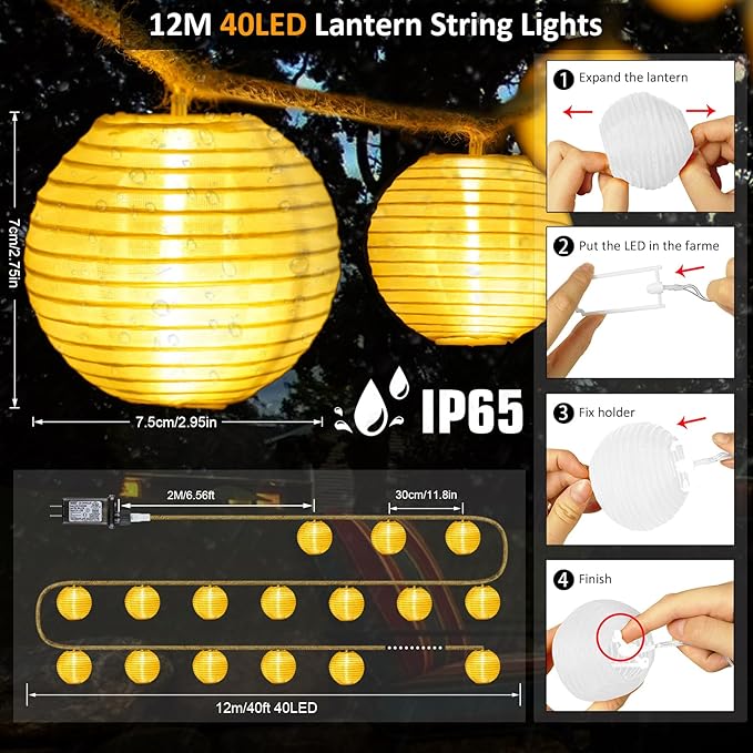 OMIKA Patio Lights Plug in- 40ft 40LED Warm White & Multicolor Mini Lantern Lights Waterproof, Hanging hemp rope String Lights Indoor Outdoor with Remote, Timer for Porch Garden Balcony Party Trees