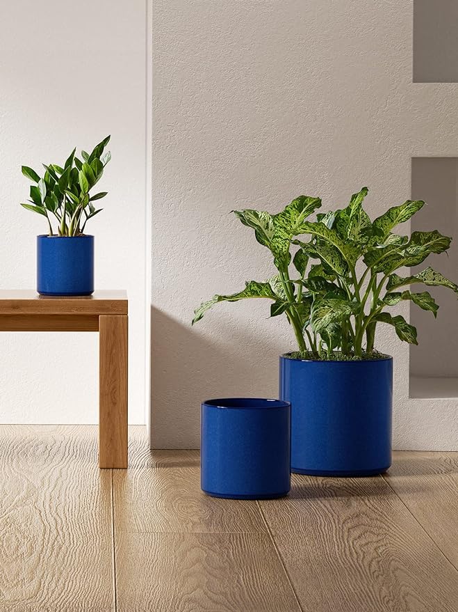 LE TAUCI Large Plant Pots Set, 10/8/6 Inch Ceramic Planters for Indoor Plants, Mid-Century Modern Flower Planter Pots with Drainage Hole and Plug, Cylinder Round Planter Pots, Set of 3, Sapphire Blue