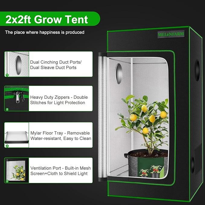 MELONFARM 24"x24"x32'' Grow Tent, High Reflective 600D Diamond Mylar Canvas with Observation Window and Floor Tray for Hydroponic Indoor Plant Growing