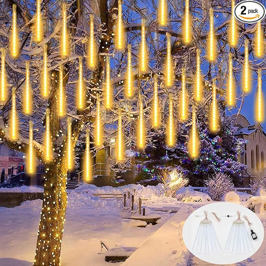 2-Pack Extendable Meteor Shower Christmas Lights Outdoor, Waterproof 16 Tubes 384 LEDs Outdoor Tree Lights for Christmas Decorations Outdoor Backyard Decor Garden Patio Xmas Decor (Warm White)