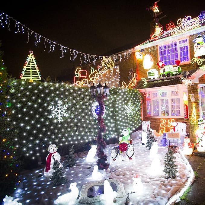 White Net Lights for Bushes - 360 LED Christmas Net Lights Plug in with Remote, 12 x 5ft Extendable 8 Modes Christmas Net Lights Waterproof for Gazebo Lawn Wedding Patio Garden Bush Tree Decoration