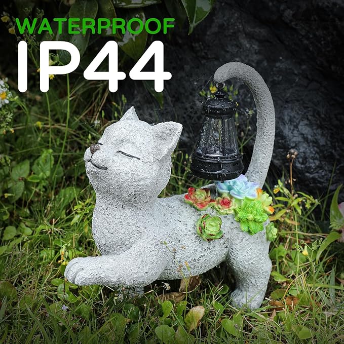 Solar Garden Outdoor Statues Cat with Succulent Solar Lantern, Lawn Decor Kitten Figurine for Patio Balcony Yard, Yard Unique Christmas Birthdays Gift for Mom Grandma