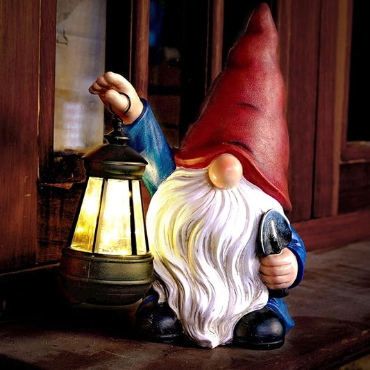 Garden Gnome Outdoor Decoration with Shovel Solar Gnomes Statue with Lantern LED Lights,Terrace Courtyard Lawn Patio Porch Decoration Christmas Housewarming Gift for Woman Mom