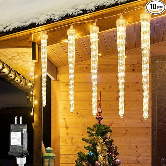 Christmas Icicle Lights Outdoor, 10ft Meteor Shower Lights with 10 Large Tube 240 LED Dropping Lights Effect, Falling Crystal Christmas Decorations for House Eave Roofline, Warm White