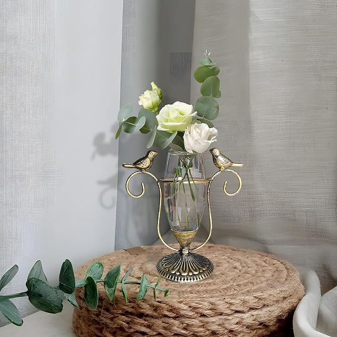 POXOH Vintage Glass Planter - Metal & Glass Propagation Vase with Gold Dual Birds Art, Retro Indoor Planter for Hydroponic Plants, Office Desk Decor, Living Room Centerpiece