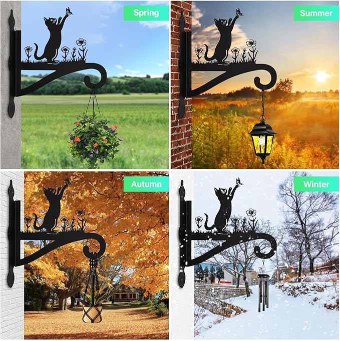 Plant Hangers Outdoor Iron Heavy Duty Ornamental Cat Silhouette Wall Mounted Hanging Plant Bracket for Flower Pot Lantern Bird Feeder Wind Chimes Christmas Decoration