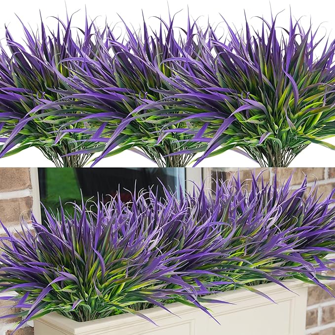 Uieke 28 Bundles Artificial Outdoor Plants UV Resistant Fake Grass Plants Faux Plastic Plants Greenery Shrubs for Home Garden Pathway Window Box Front Porch Cemetery Spring Summer Decor, Purple