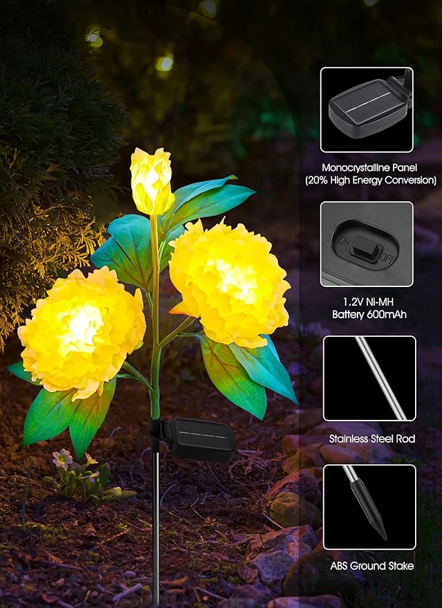 Outdoor Solar Flower Lights - 3 Pack Solar Garden Lights with Larger & More Realistic Peony, Bigger Solar Panel, Waterproof LED Solar Lights Outdoor for Yard Garden Lawn Pathway Decoration