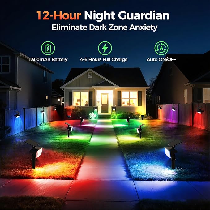 Solar Lights Outdoor Color Changing, 85 LEDs 9 Lighting Modes RGB Solar Outdoor Lights, IP67 Waterproof Multicolor Landscape Spotlights for Halloween Holiday Decorations (8 Pack)