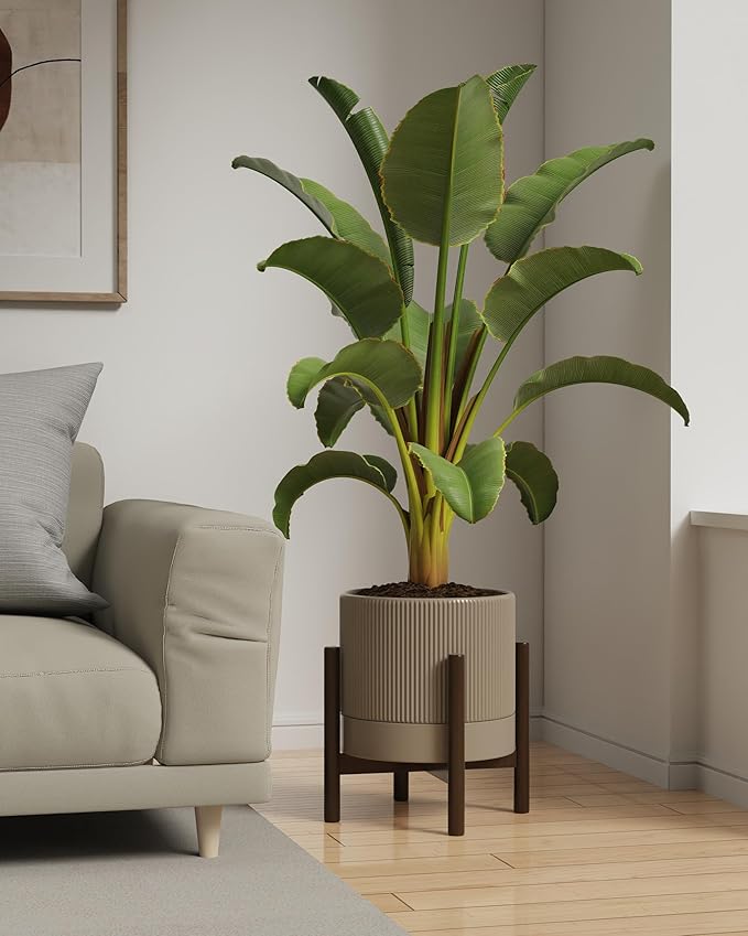 Ceramic Planter Pots Indoor with Drainage Hole & Saucer,Including Stand,7.3 Inch Mid-Century Modern Cylinder Plant Pot for Snake Flower Leaf Khaki