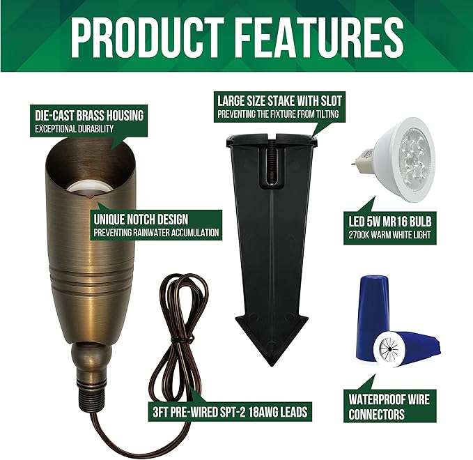 GKOLED UL Listed Solid Brass Landscape Spotlight, Low Voltage Outdoor Directional Uplight, with 5W MR16 LED Bulb & Large Rugged Slot Spike, 12V AC/DC Garden Patio Spot Up Light (10 Pack)