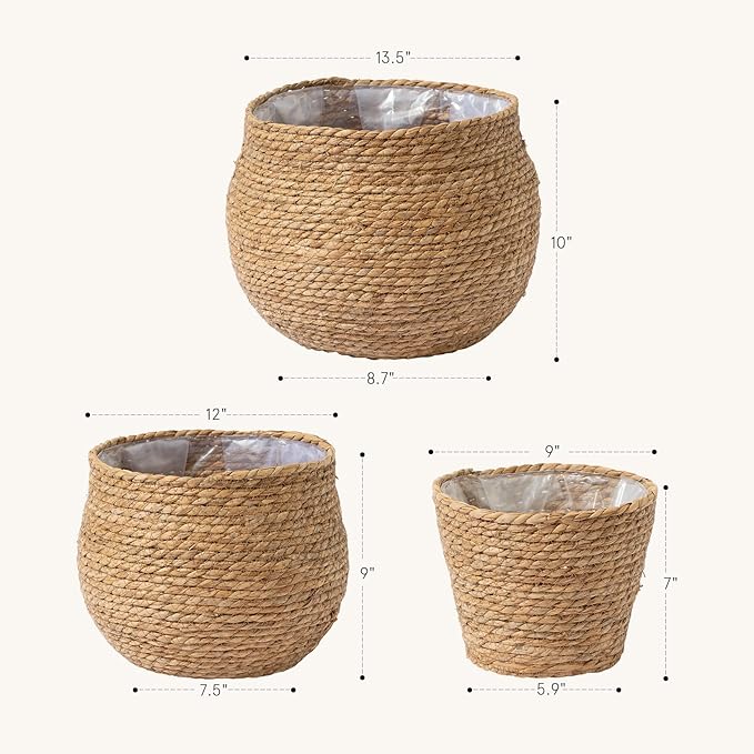 LA JOLIE MUSE Natural Seagrass Large Planter, Plant Pots Cover, Indoor Planters Flower Pots, 13.5+12+9 inch Pack 3, Brown