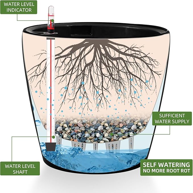Dexceder 15x14 Self Watering Planter with Wheels Indoor Outdoor, Inner Pot Design, Thickened Large Floor Standing Flower Plant Pot with Water Level Indicator (Black Matte)