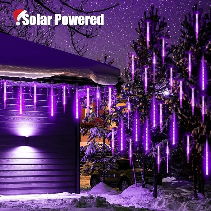Purple Solar Christmas Lights, 576 LED Solar Meteor Shower Lights with 16 Tubes, Icicle Fairy String Lights for Christmas Decorations Tree Party Yard, Purple