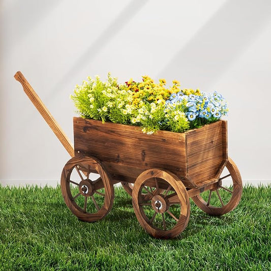 Wood Wagon Planter for Outdoor Balcony Decor - Garden Rustic Wooden Flower Cart with Wheels for Outside - Garden Decor - Amish Decorative Indoor - Wheelbarrow Planter for Patio