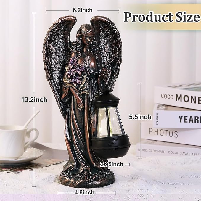 Solar Angel Outdoor Garden Decor Statues – 13.2 inches Solar Outdoor Sculptures for Outside Yard Art Patio Balcony Front Lawn Ornaments Gifts for Mom Grandma Women（Bronze）