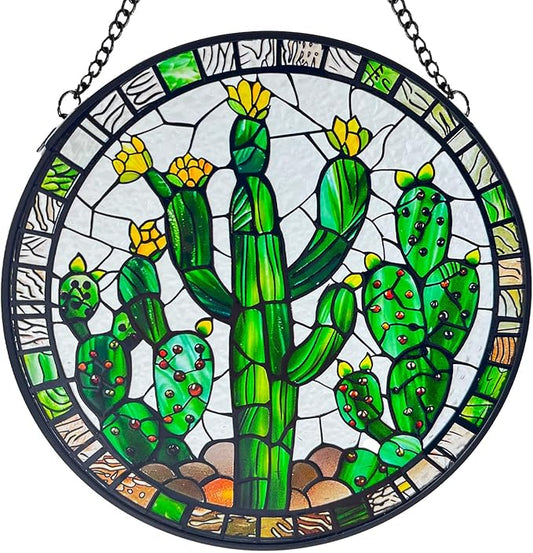 Cactus Decor Suncatcher Indoor/Outdoor Stained Glass Window Hanging - Handmade Stained Glass Suncatchers for Windows Hanging - Outdoor Garden Decor Gift for Women Christmas Thanksgiving Gifts