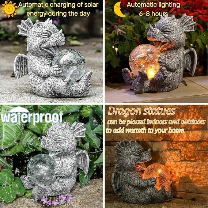 Solar Powered Dragon LED Light Garden Statue Outdoor Decorative Sculpture with Crackle Glass Ball Waterproof Yard Art Decor for Patio Lawn