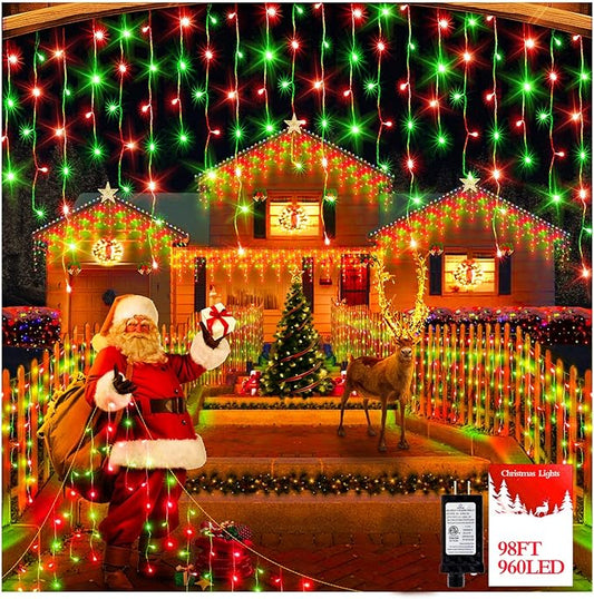 960 LED 98FT Christmas Lights Plug in 8 Modes with Timer Dimmable Christmas Decorations Outdoor Waterproof Indoor Curtain String Lights for Roof Garden Holiday Wedding Party Decor Red + Green