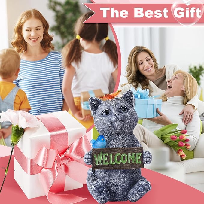 Solar Cat Figurine Garden Statues : Outside Welcome Cat Statue with Butterfly for Garden Decor and Yard Decorations - Unique Gifts for Women and Mom