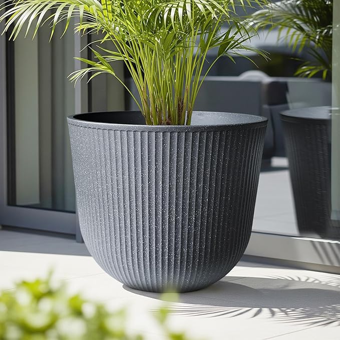 WORTH Garden Round Large Planter Pot 1-Pack - 17.5" Dia x 15.5" H - Durable Plastic Grey Plant Tree Pots with Vertical Stripe Textured Finish, Drainage Hole for Indoor, Outdoor, Front Porch, Patio