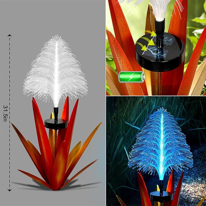 Metal Outdoor Decoration Gift Christmas Decorations Outdoor Metal Agave Yard Art Garden Lights Solar Outdoor, 7 Color Changing Garden Yard Pathway Xmas Decor Waterproof & Solar Powered(2pcs red)