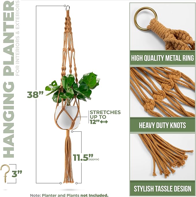 Sorbus Macrame Plant Hanger (4 Pack) Indoor Outdoor Hanging Plant Pots Cotton Rope, Elegant for Home, Patio, Garden (Brown)