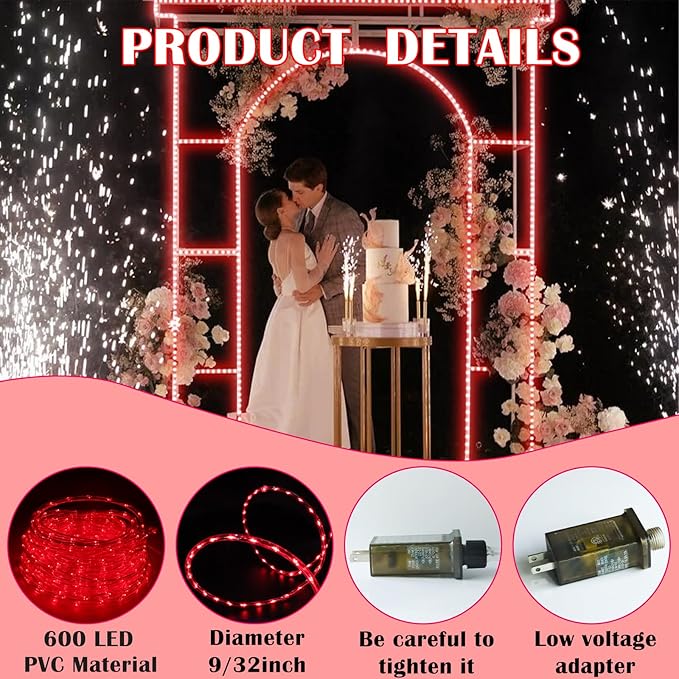 Red Rope Lights Outdoor, 50Ft 600 LED Valentine's Day String Light, Waterproof Tube Light Plug in 8 Modes Timer Memory, Halloween, Christmas Lights Outdoor Decorations for Tree Garden Party