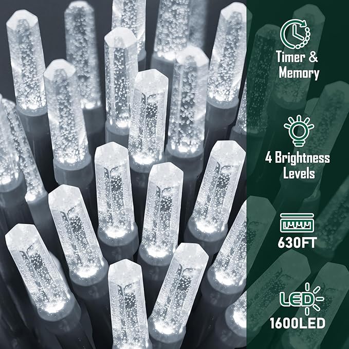 Heceltt 1600 LED 630 FT String Lights Outdoor, 8 Modes Cool White Christmas Lights Plug in, Waterproof Led Lights with Timer and Memory String Lights for Xmas Holiday Wedding Decorations