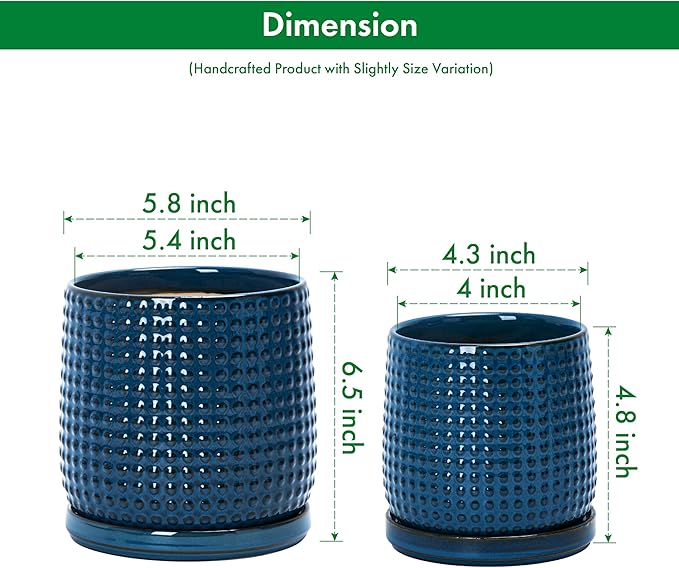 D'vine Dev 6 Inch 4 Inch Ceramic Indoor Planter Pots with Drainage Hole and Saucer, Beaded Design Flower Pots, Set of 2, Blue, 27-D-U-3