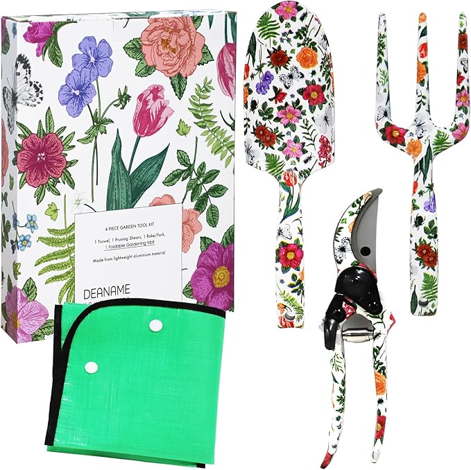Garden Tool Set, 4 PCS Heavy Gardening Kit Heavy Duty Floral Hand Tools, Fancy Gifts for Women, Including Trowel, Sharp Pruner, Hand Rake, and Mat (White Set)