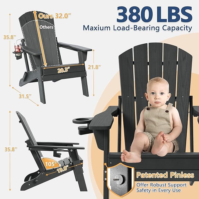 Folding Adirondack Chair Set of 2 with Cup Holder, HDPE All Weather Resistant Plastic Outdoor Patio Chairs, Heavy Duty Fire Pit Seating for Backyard Lawn Garden, Wooden Textured Design(Gray)