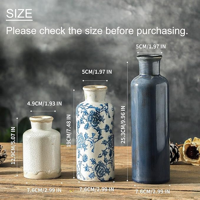 Ceramic Vintage Vases Set of 3, Blue and White Flower Decorative Vase Chinoiserie Decor Rustic Farmhouse Retro Floral Vases for Table Bookshelf Mantel Kitchen Living Room Office