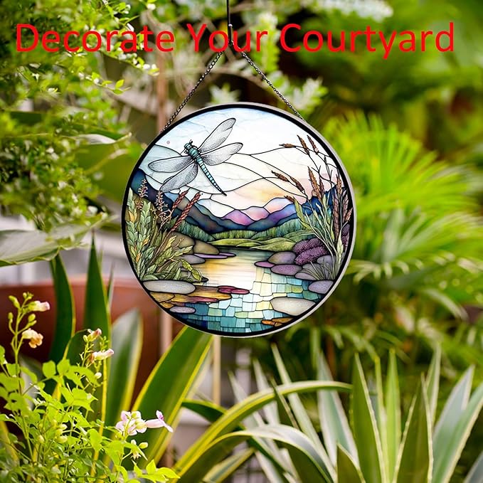 River and Dragonfly Pattern Suncatcher Stained Glass,Hanging Stained Glass for Windows,20cm/7.87inch Hand-Painted Sun Catcher Garden Hangings Painted Glass Panel Decor Themed Gift