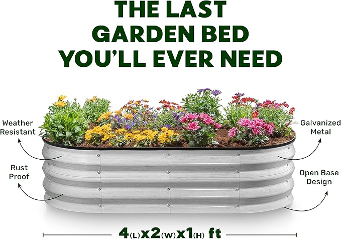 Galvanized Raised Garden Beds Outdoor // 4×2×1 ft Planter Raised Beds for Gardening, Vegetables, Flowers // Large Metal Garden Box (White Wood Grain)