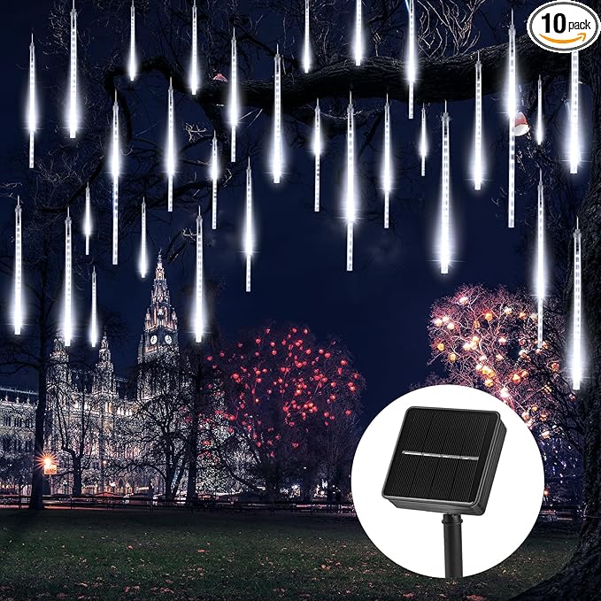 Solar Christmas Lights Outdoor Waterproof, Meteor Shower Lights Solar Powered, 16 Inches 8 Tube 288 LED Solar Icicle Tree Lights for Tree Bushes Holiday Parties Christmas Patio Decor, Pure White
