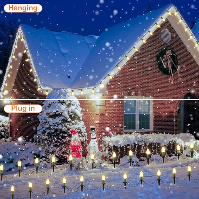 C9 Christmas String Lights for Pathway , 26FT LED 20 Clear Lights with 20 Stakes, Waterproof Shatterproof 2700K Warm White Linkable Walkway Lights for Outdoor Indoor Xmas Driveway Yard Garden Decor