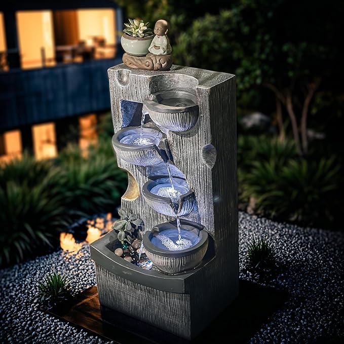 23.43" H Outdoor Water Fountain, 5 Tiers Bowls Garden Water Fountains with LED Light, Modern Natural Waterfall Fountain for Garden, Patio, Yard and Home Art Decor