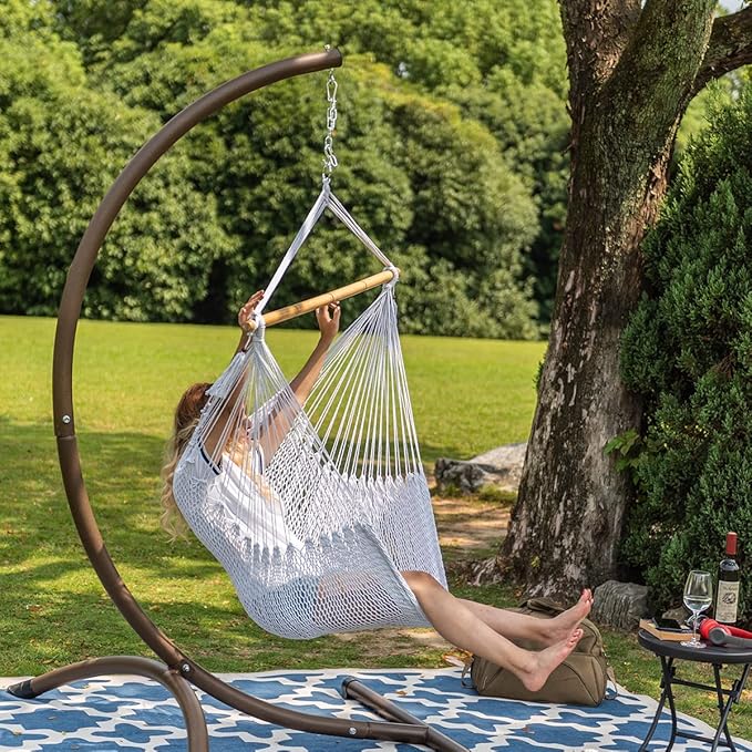 Lazy Daze Hammocks Hanging Chair Caribbean Swing Chair Hammock Chair w/Soft-Spun Cotton Rope, 40" Hardwood Spreader Bar Wide Seat, Max 300 Pounds, for Indoor Outdoor Garden Yard, White
