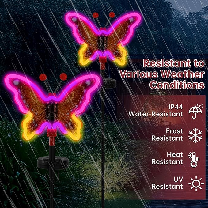 Solar Garden Butterfly Lights, Garden Outdoor Lights Decor, Butterfly Solar neon Light,led Butterfly Lights,Yard Patio Pathway Decoration(Red, 2pack)