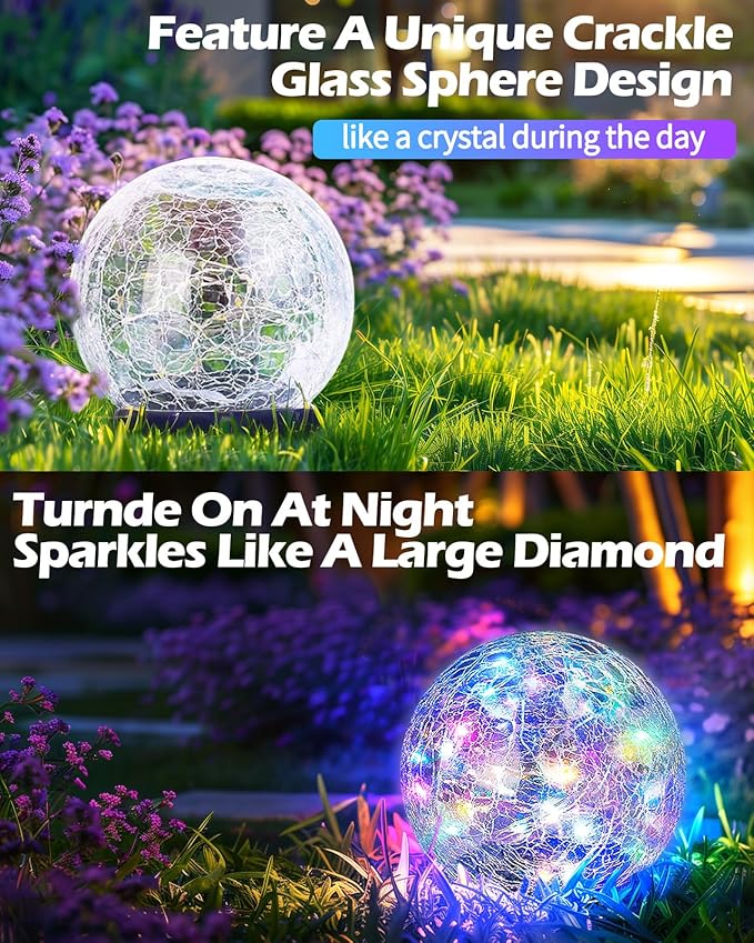 Garden Solar Ball Lights Outdoor Waterproof, 80 LED Cracked Glass Globe Solar Power Ground Lights for Path Yard Patio Lawn, Outdoor Decoration Landscape Colorful(2 Pack 5.9'')