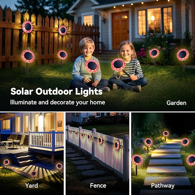 Hogni 4PK Solar Garden Lights, Ground Stake/Hang 2 in 1 Solar Sunflowers Outdoor Waterproof IP67, Outdoor Decor for Pathway Walkway Landscape Backyard Fence Decoration