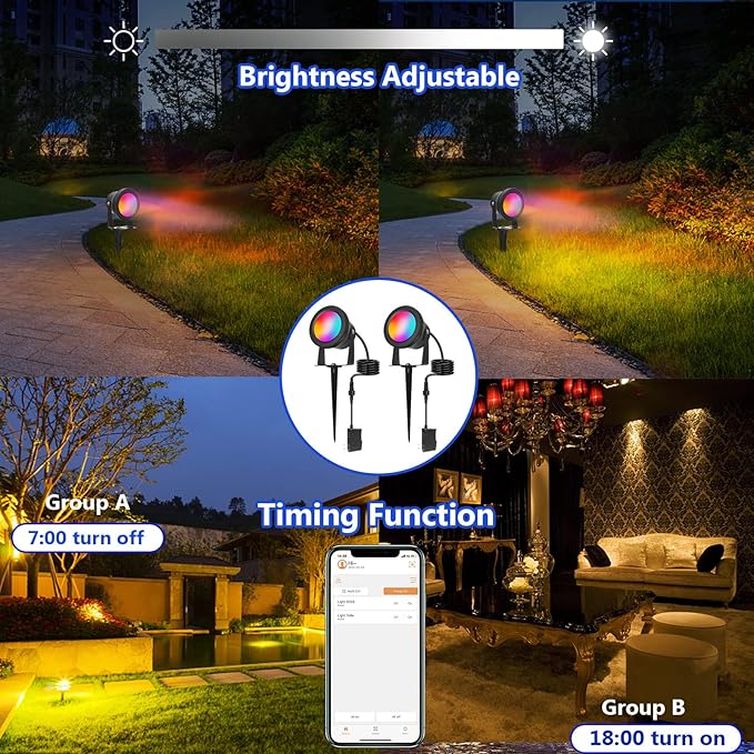 Spot Lights Outdoor, RGB Landscape Lighting 4XPack 15W IP67 Waterproof Spotlight Outdoor with Smart APP Control for Pathway Lights,LED Indoor Light(DC/AC 12V)