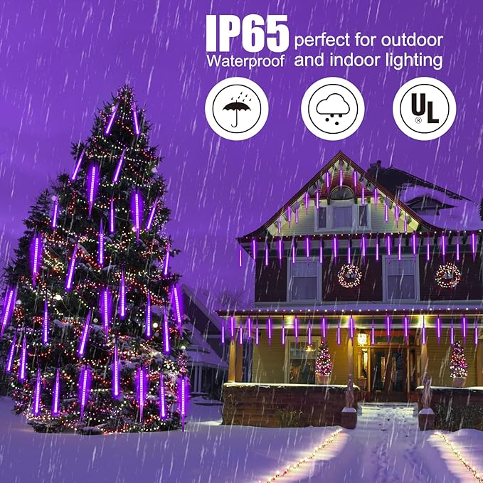 Purple Solar Meteor Shower Lights, 116 Inches 20 Tube 720 LED With 16 Tubes, Icicle Fairy String for Christmas Decorations Tree Party Yard