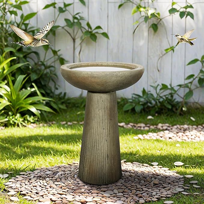 SunJet 24.4inches Tall Fiber-Reinforced Concrete Bird Bath - Modern Minimalist Style Outdoor Birdbaths & Feeder Combo for Outdoors Patio Garden Yard Lawn Decor