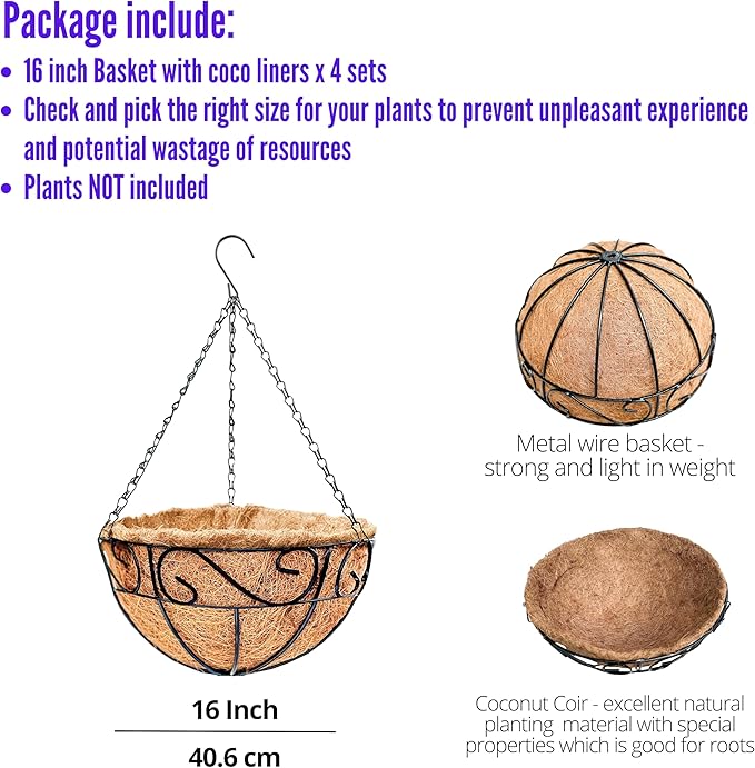 LaLaGreen Hanging Planter for Outdoor Plants (4 Pack, 16 Inch) Hanging Baskets with Coco Liner, Metal Wire Flower Basket Pots with Hook Hanger Balcony Porch Farmhouse Country Style Garden Decor