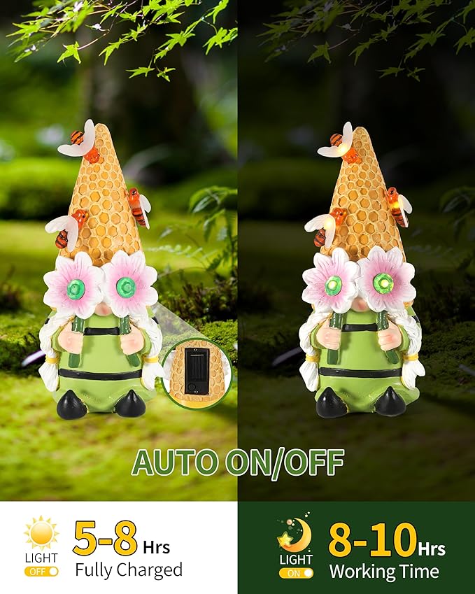 iStatue Solar Garden Gnome Figurine Light with Bees Sunflower, 9.5'' Resin Outdoor Statue for Yard Patio Decor Lawn Ornaments Porch Garden Gifts for Women/Girl (Ms Bee Gnome)