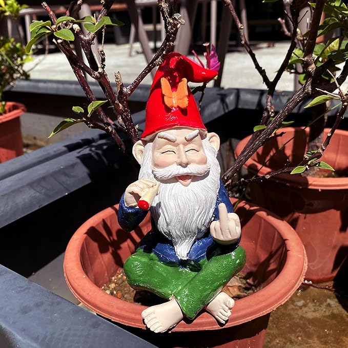 Garden Gnome Outdoor Funny Middle Finger Smoking Outdoor Statue Garden Gnomes for Garden, or Indoor, Outdoor Funny Gnomes Decoration